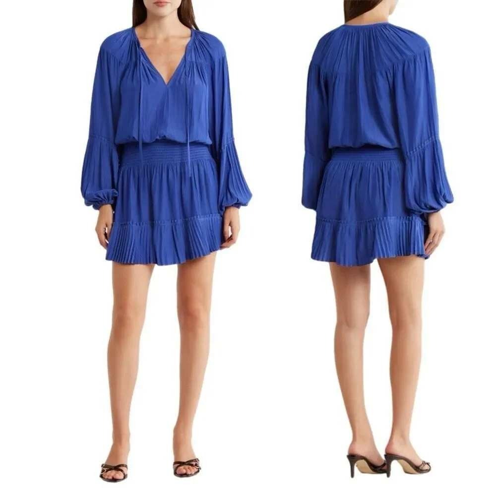 NWT Ramy Brook Joey Long Sleeve Smocked Mini Dress Cabana Blue Small A07233004